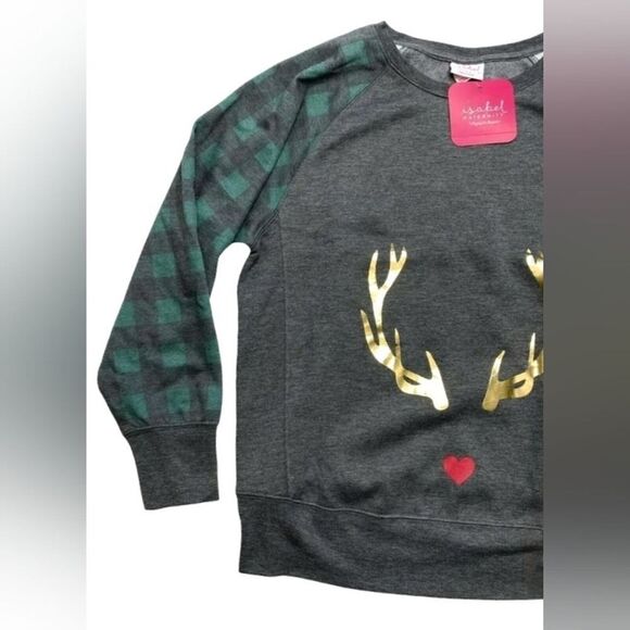 Isabel Maternity Plaid Reindeer Tunic Sweatshirt Women's XXL Gray Teal Gold NWT - Picture 3 of 8